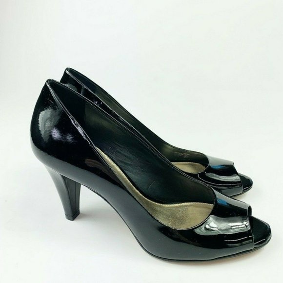 Antonio Melani Marion Heels 5.5 Black Patent Leather Shiny Classic Peep Toe - Picture 5 of 8